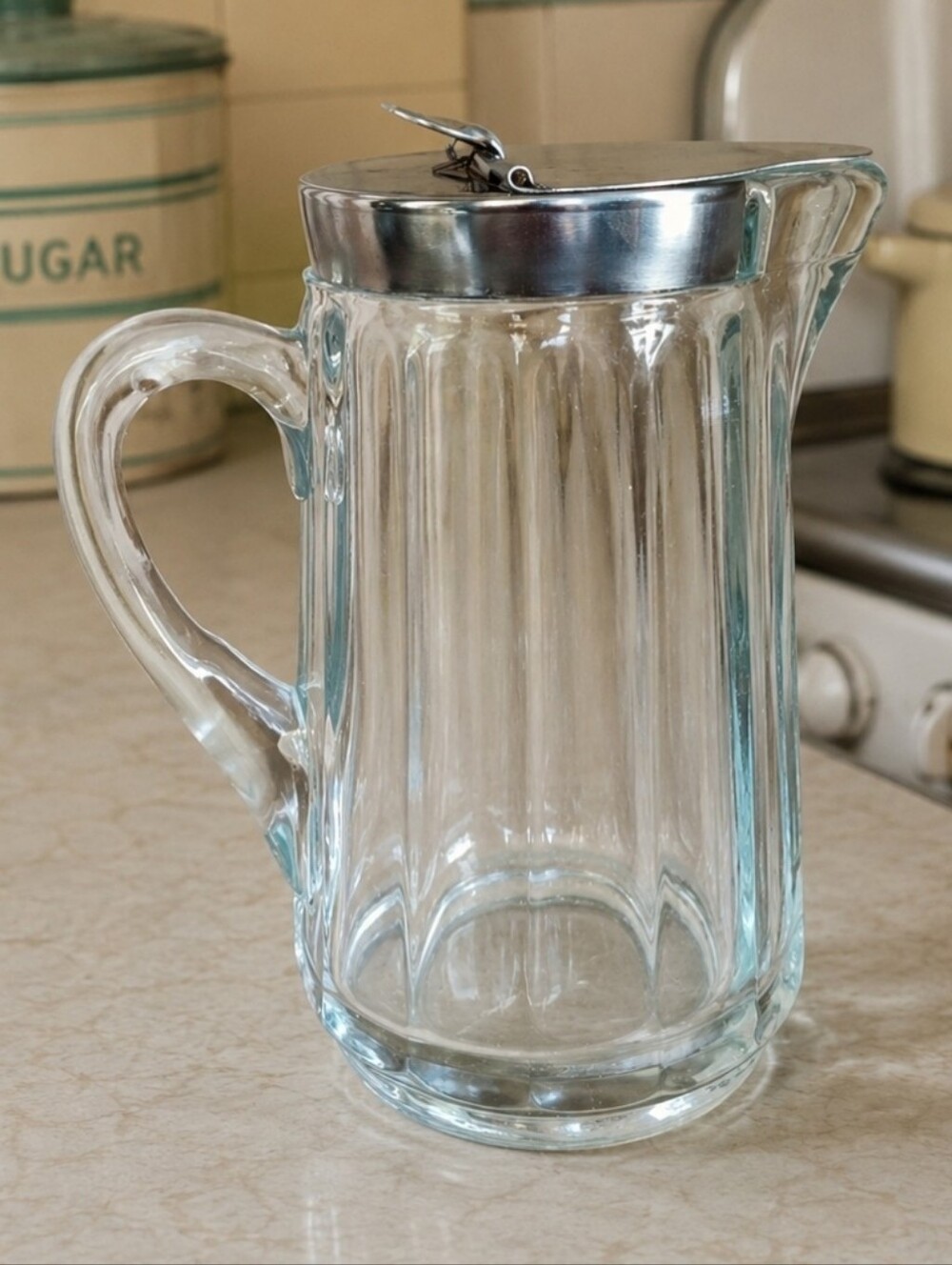 Syrup Batter Pourer Dispenser Vintage Glass Chrome Lid Sunday Breakfast EUC